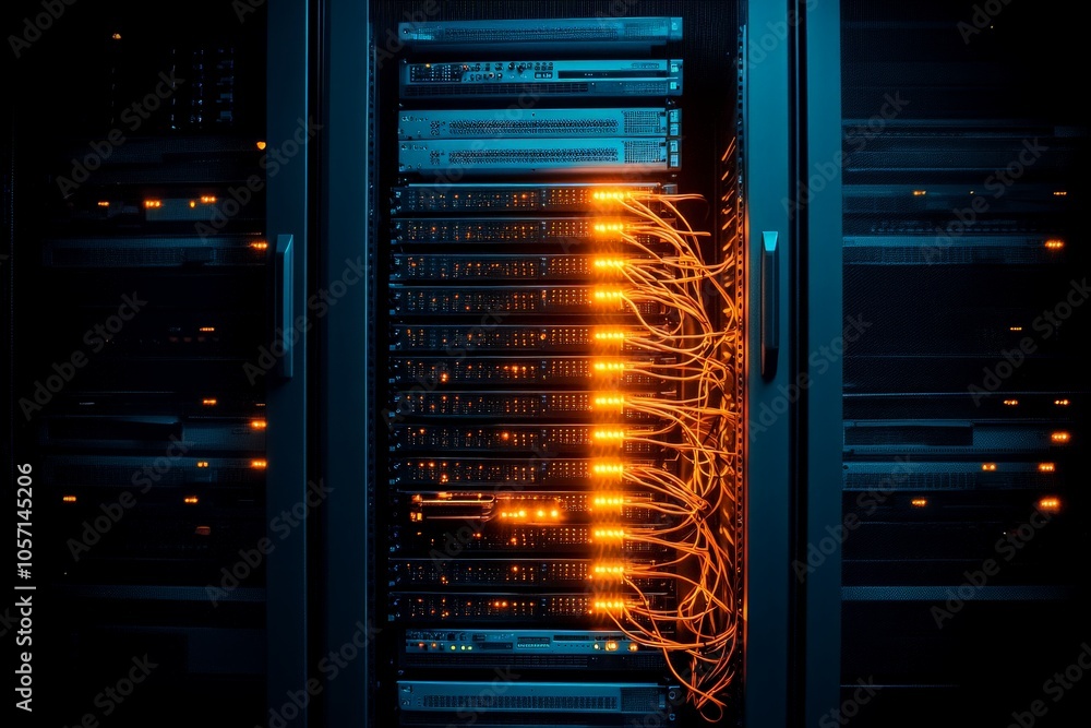 Poster an advanced server rack featuring illuminated network cables, symbolizing connectivity and the infra