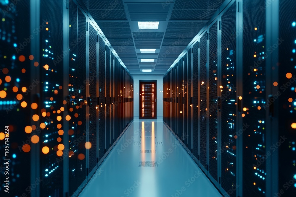 Poster a perspective view down a server corridor lit with futuristic glowing lights, representing the backb