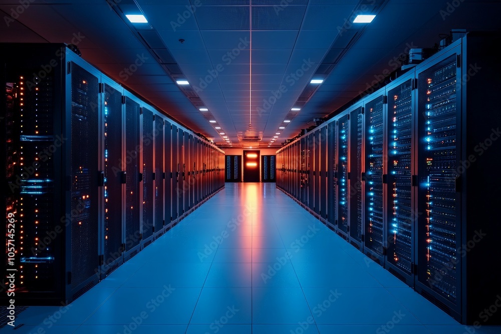 Poster an expansive view of a data center showcasing symmetrical rows of servers with radiant lighting, emb