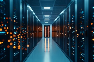 Fototapeta premium A perspective view down a server corridor lit with futuristic glowing lights, representing the backbone of digital communications and the essence of connectivity.
