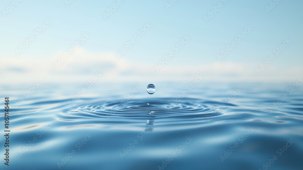 Poster 3d render of a single water droplet descending against a blue backdrop creating abstract wavy ripple
