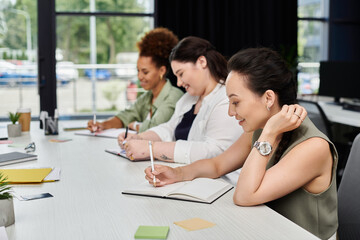 Three stylish businesswomen actively engage in brainstorming and note taking at a sleek office desk.