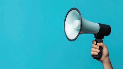 A hand gripping a megaphone or loudspeaker emerging from a blue backdrop Innovative banner design featuring a blank area for personalized advertising and messaging