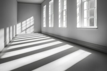 Obraz premium Sunlight streaming through windows in a white room, creating long shadows on the floor