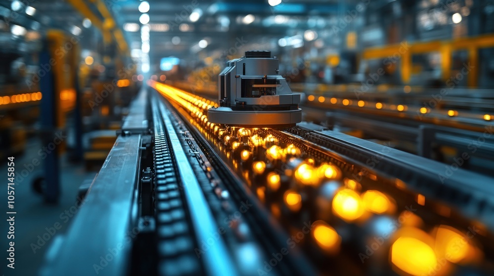 Poster industrial conveyor system with automated machinery in operation.