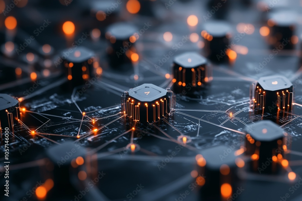 Poster an artistic visualization of interconnected nodes forming a cyber matrix, illustrating the complexit