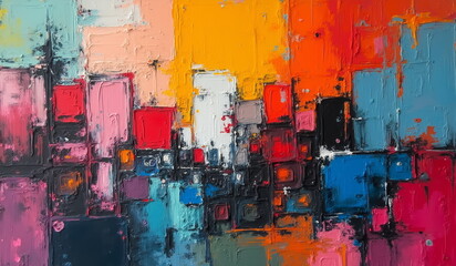 a painting of a bunch of boxes with a red cross on the top.