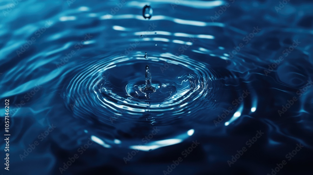 Poster 3d render of a single water droplet descending against a blue backdrop creating abstract wavy ripple