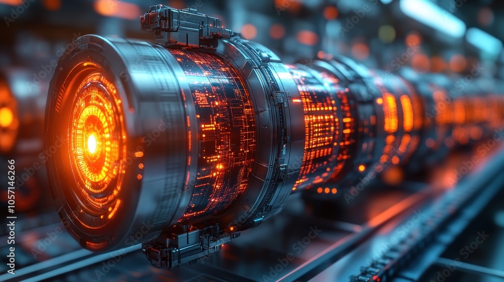 Poster futuristic energy core with glowing elements in a high-tech setting.