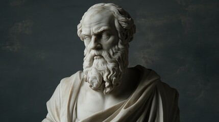 Aged marble statue of a bearded philosopher set against a gray backdrop