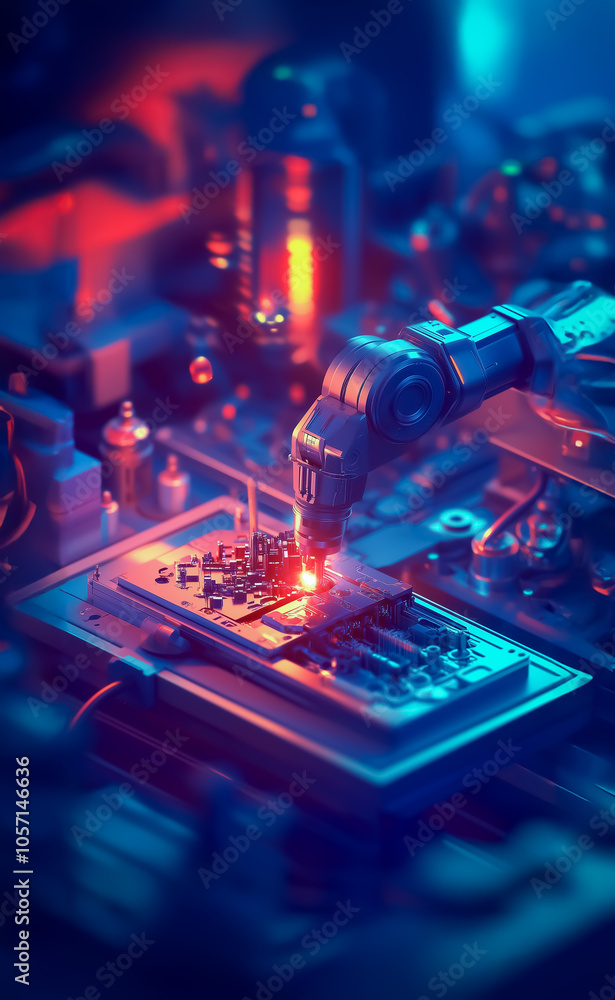 Poster close-up of an advanced robotic arm performing micro-assembly on electronic components, set in a fut