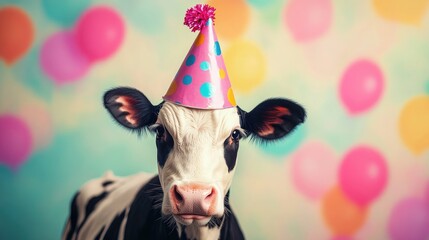 Adorable cow sporting a party hat set against a bright and colorful studio backdrop