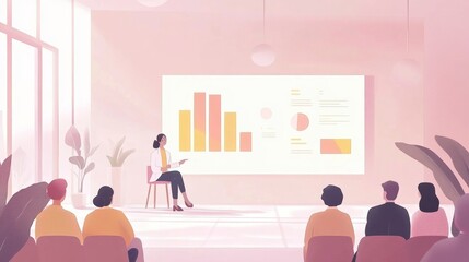 Vector illustration of a business presentation: A business leader interpreting data charts in a minimalistic, pastel-colored office environment

