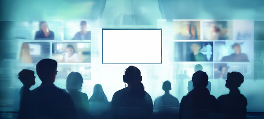 Virtual classroom with diverse students attentively facing a large screen, various subjects displayed in blurred windows, educational setting.