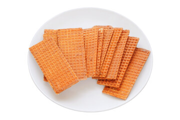 Waffles with chocolate coating. Waffles in ceramic plate. Belgian dessert. Isolate on a white background.