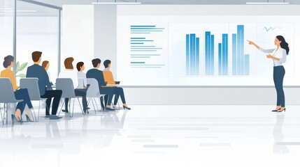 Obraz premium Vector illustration of a business presentation in a sleek, white-toned office, featuring a leader showcasing key analytics and performance data on a screen to a focused team 