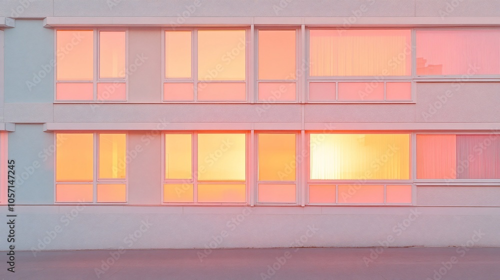 Poster A modern building with large windows reflecting the warm light of the setting sun.
