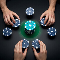 Digital Poker Chips Materializing Above Hands