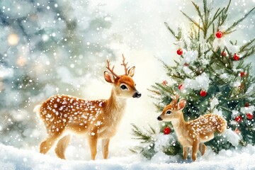 Naklejka premium Background a bright winter glistening snow day, place front and center glistening snow. Christmas greens. . Christmas tree and deers.
