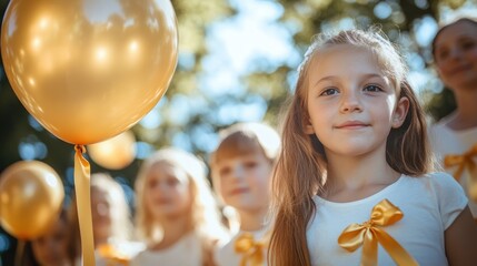A group of children and adults adorned with gold ribbons and holding balloons takes part in an event to raise awareness for childhood cancer