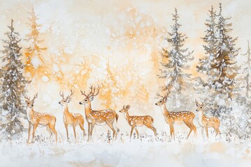Obraz premium Background a bright winter glistening snow day, place front and center glistening snow. Christmas greens. . Christmas tree and deers.