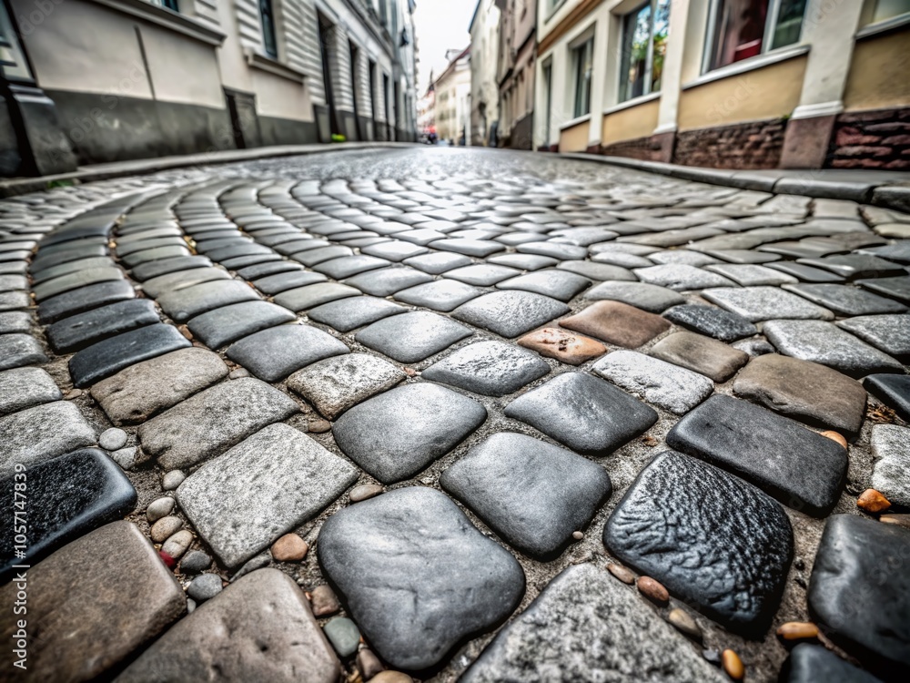 Poster overhead view of cobblestone street texture with stone pavement patterns for architectural photograp