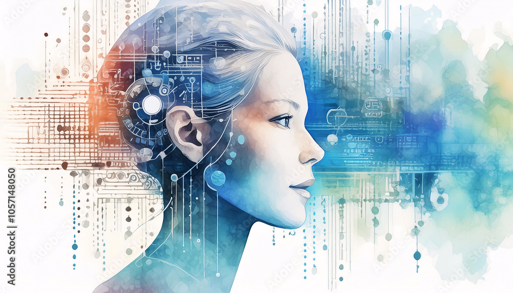 Poster profile of a futuristic human figure merging with digital circuitry, representing the fusion of tech