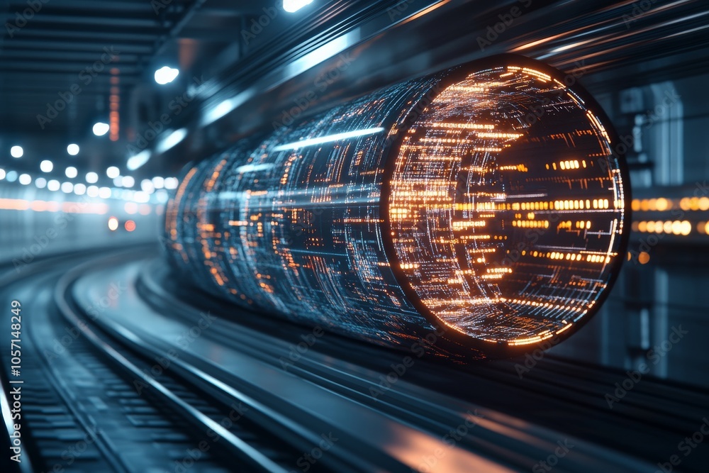 Poster an artistic representation of a cylindrical digital tunnel with intricate parallel glowing data stre