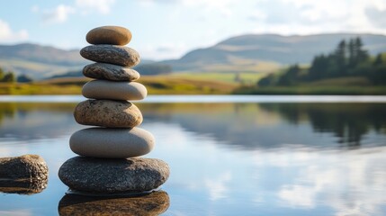 A meticulously arranged stack of smooth river stones stands in the foreground complemented by a serene lake and softly blurred hills in the background