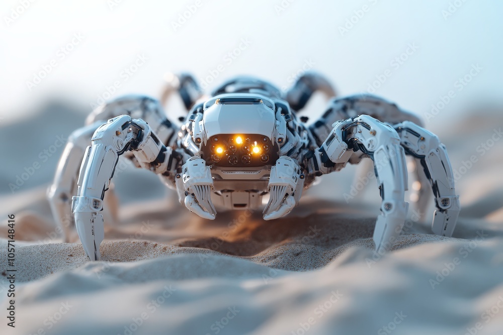 Poster a mechanical spider with glowing eyes navigates a sandy surface, showcasing advanced robotics and fu