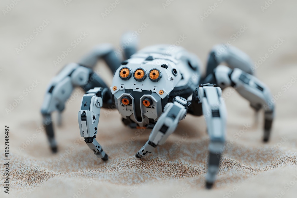 Poster a highly advanced robotic spider with luminous eyes is explored on a desert landscape, emphasizing i