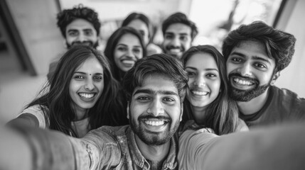 Indian young people smiling on camera while taking a selfie - Happy group of asian friends and community concept - Black and white editing - Models by AI generative