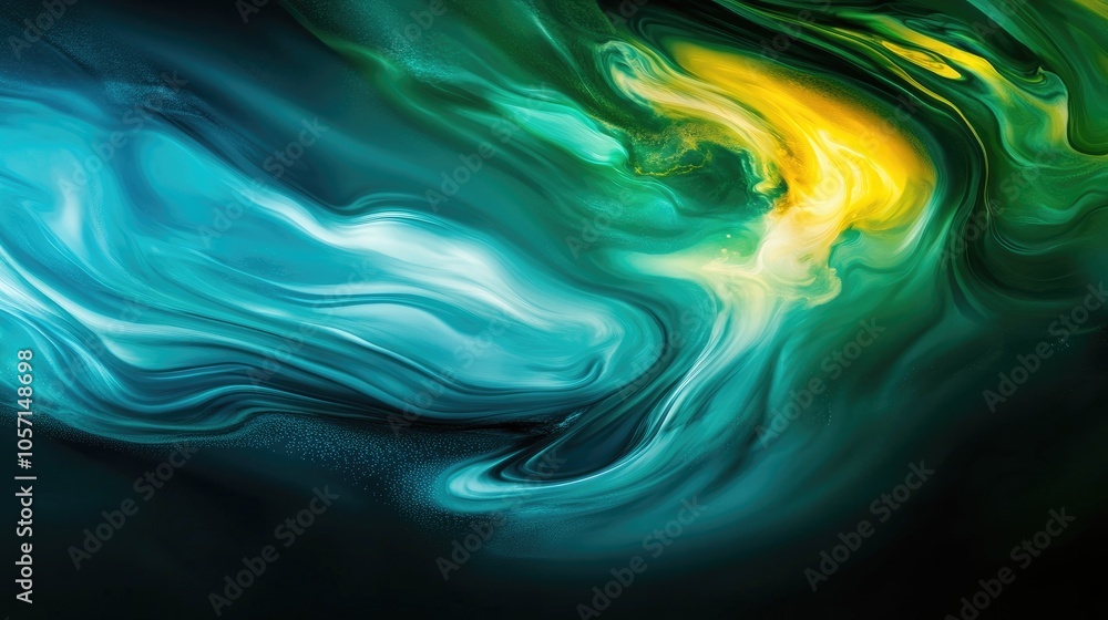 Poster abstract green and blue wave swirls on a dark background creating a fluid art marble effect texture