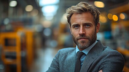 Obraz premium A man wearing a suit and tie is standing in a warehouse