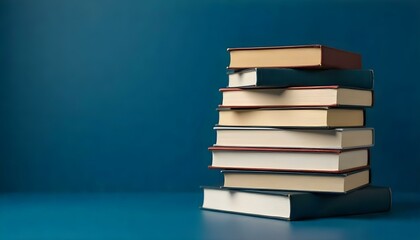 A stack pile of education books on a dark blue background with copy space