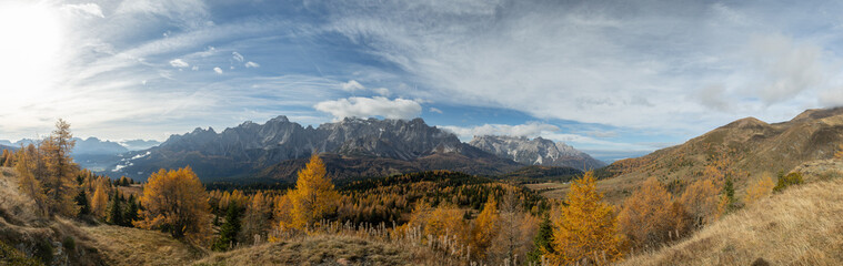 ampia vista panoramica che si estende da un bosco di conifere vicine, in primo piano, in autunno, di mattina, verso una lunga ed alta catena montuosa distante, sotto un cielo nuvoloso, in Veneto