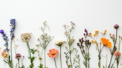 A collection of wildflowers is arranged against a white background Dried and pressed flowers from various wild plants create a beautiful composition