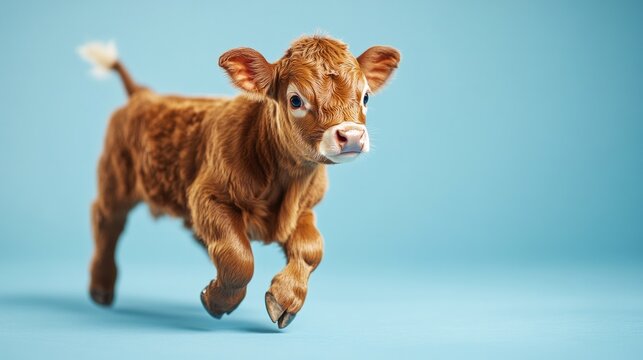 A baby cow is running on a blue background