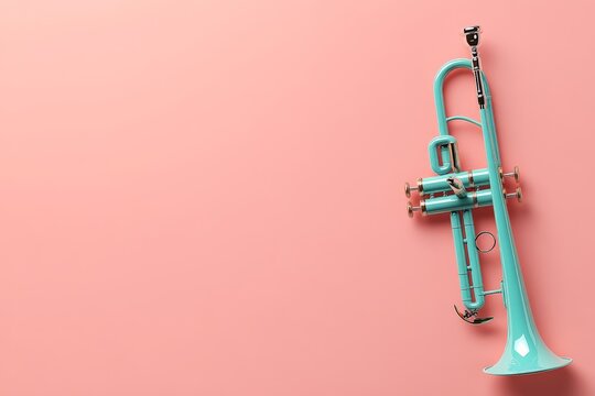 A stylish teal trumpet elegantly contrasts against a pastel pink background, embodying concepts of music, minimalism, and retro-inspired artistic design.