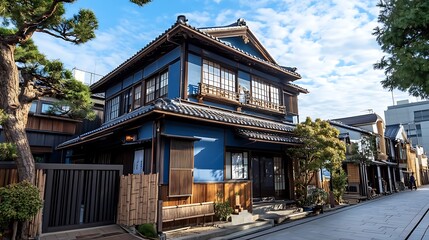 Fototapeta premium A traditional Japanese house with a blue exterior and wooden elements, set in a serene urban environment.