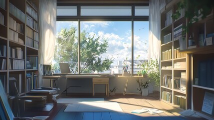 Fototapeta premium A serene study room filled with books, plants, and natural light, overlooking a beautiful outdoor scene.