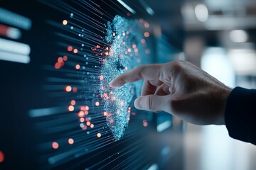 Fototapeta premium A hand points at a bright digital map with numerous illuminated nodes, suggesting data exploration, digital connectivity, and technological advancement.