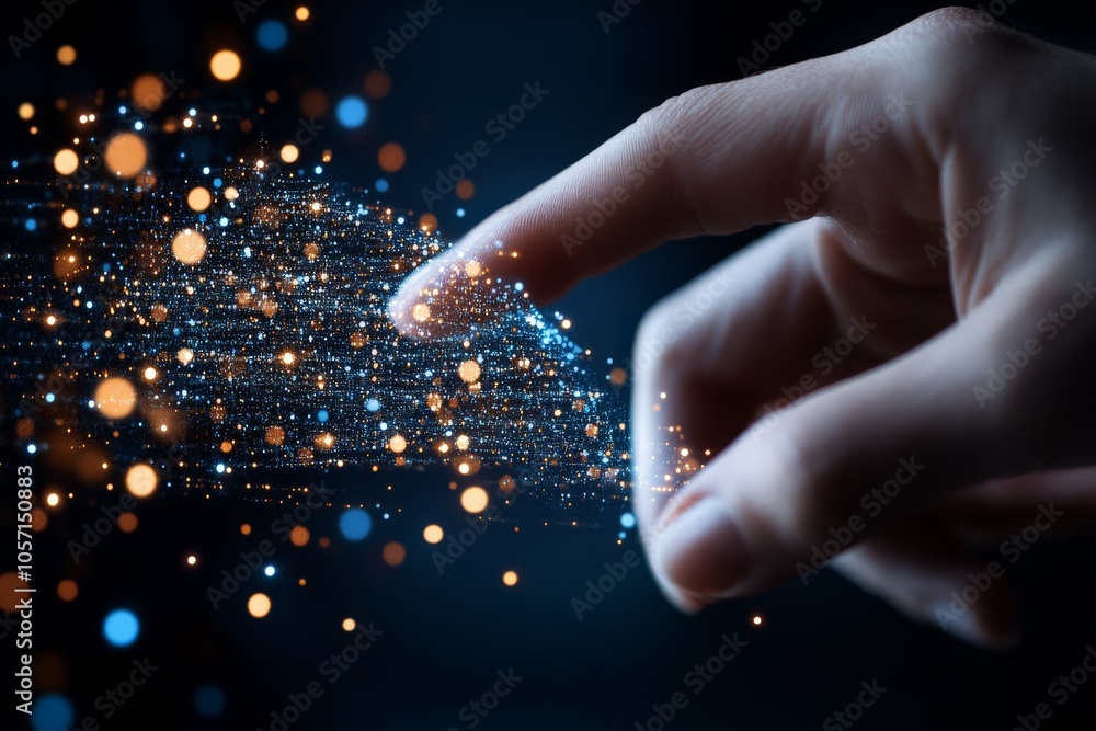 Poster a fingertip interacts with a digital stream of glowing particles, symbolizing the intersection of hu