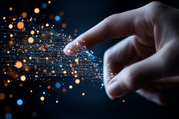A fingertip interacts with a digital stream of glowing particles, symbolizing the intersection of human touch with technology, innovation, and virtual interfaces.