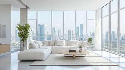 A bright living room featuring expansive windows that extend from floor to ceiling
