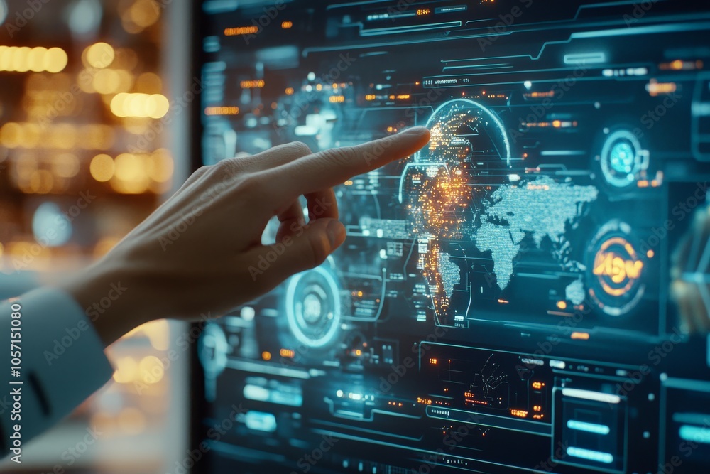 Poster a finger points to a glowing digital map interface screen, representing global connectivity, data na