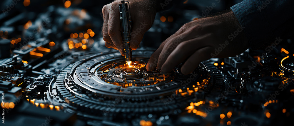 Poster a close-up of hands working on a complex, illuminated mechanical device, highlighting intricate deta