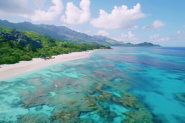 Aerial View of a Tropical Beach with Crystal Clear Turquoise Water and a Lush Green Mountain Range in the Background