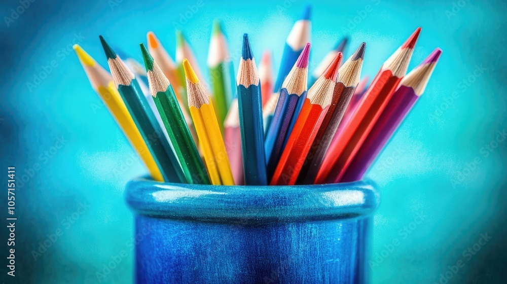 Poster an array of colorful pencils neatly placed in a blue container set against a turquoise backdrop idea