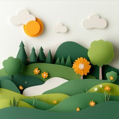 Spring Forest Paper Cut Art: Intricate Green Landscape with Trees, Flowers & Simple Shapes on Green Background in Eco-Friendly Design